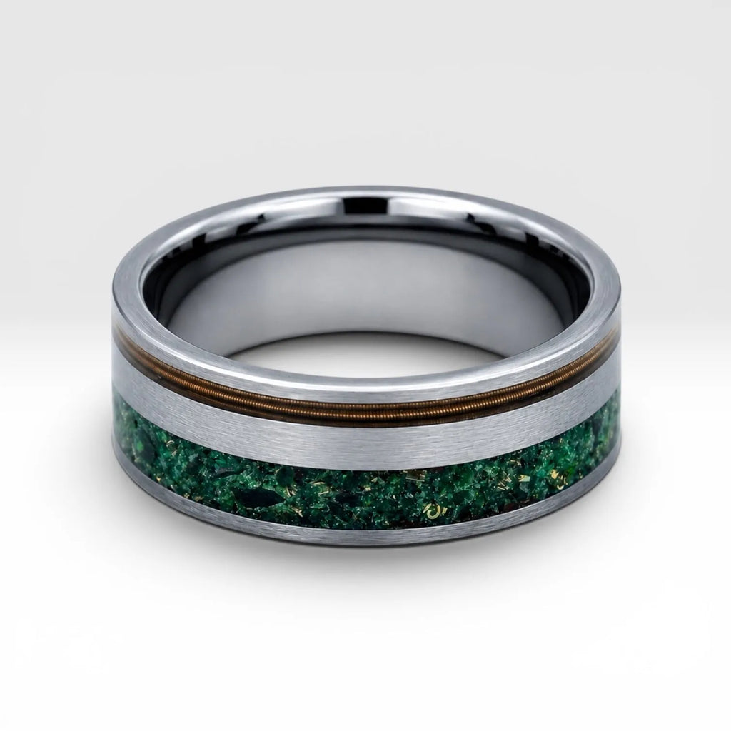 Tungsten ring with bronze guitar string and green goldstone inlay, dual channel design with satin finish