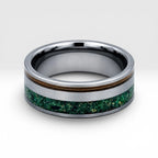 Tungsten ring with bronze guitar string and green goldstone inlay, dual channel design with satin finish