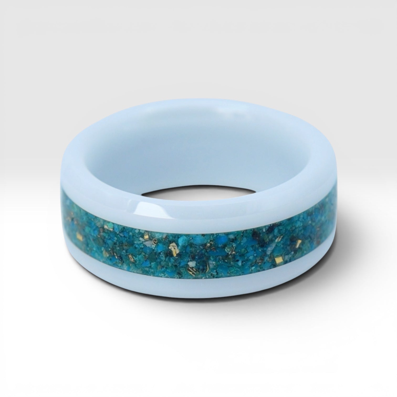 White ceramic ring with Peruvian chrysocolla and brass inlay, smooth polished band with natural minimalist design