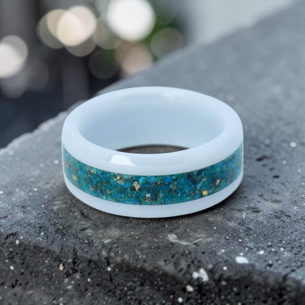 White ceramic ring with Peruvian chrysocolla and brass inlay, smooth polished band with natural minimalist design