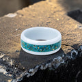 White ceramic ring with Peruvian chrysocolla and brass inlay, smooth polished band with natural minimalist design