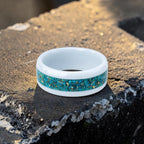White ceramic ring with Peruvian chrysocolla and brass inlay, smooth polished band with natural minimalist design