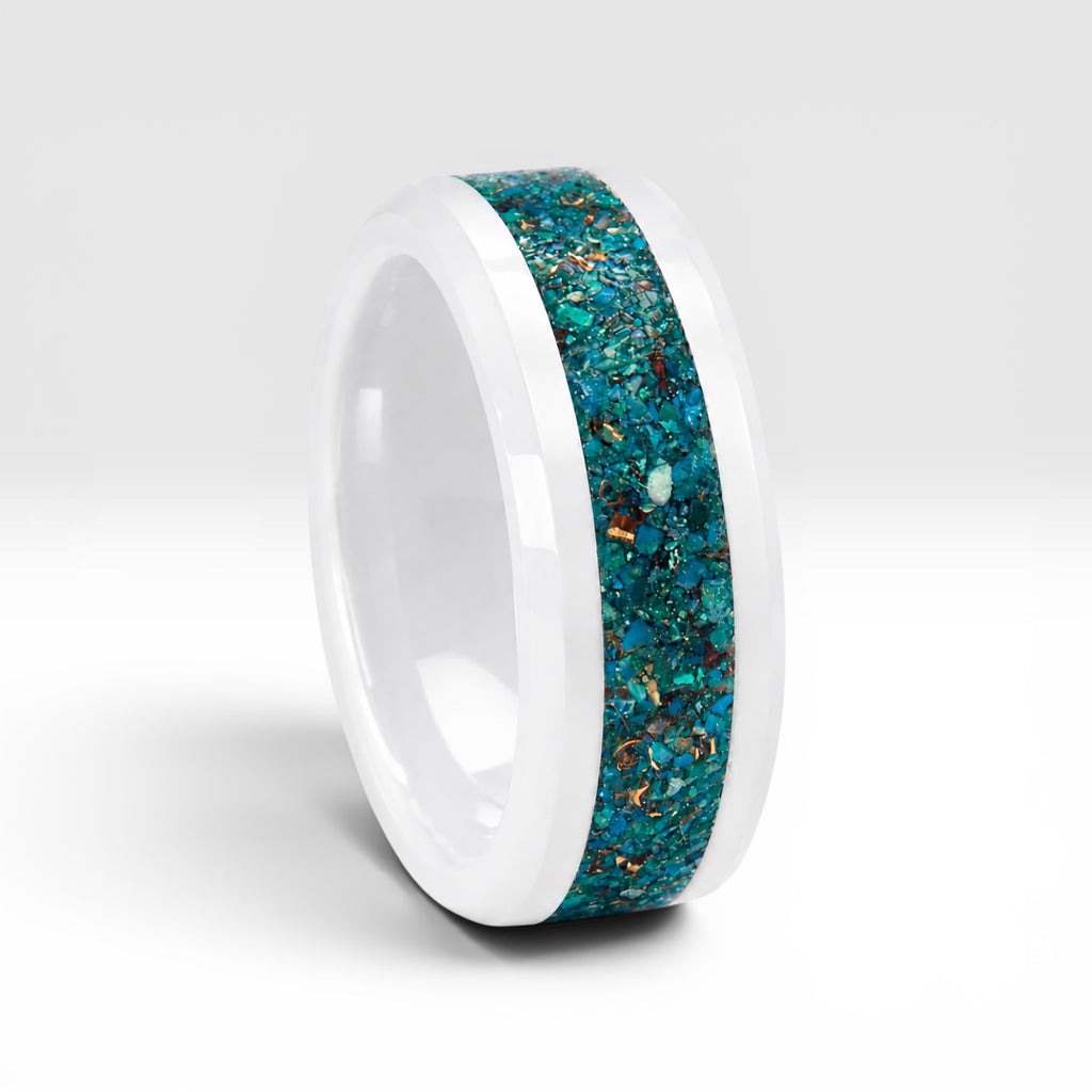 White ceramic ring with Peruvian chrysocolla and brass inlay, smooth polished band with natural minimalist design