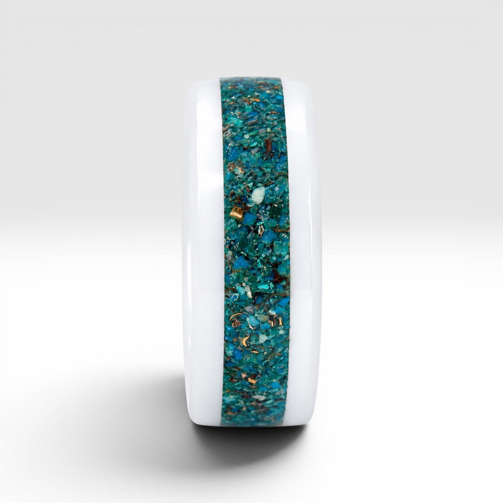 White ceramic ring with Peruvian chrysocolla and brass inlay, smooth polished band with natural minimalist design