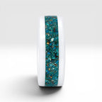 White ceramic ring with Peruvian chrysocolla and brass inlay, smooth polished band with natural minimalist design