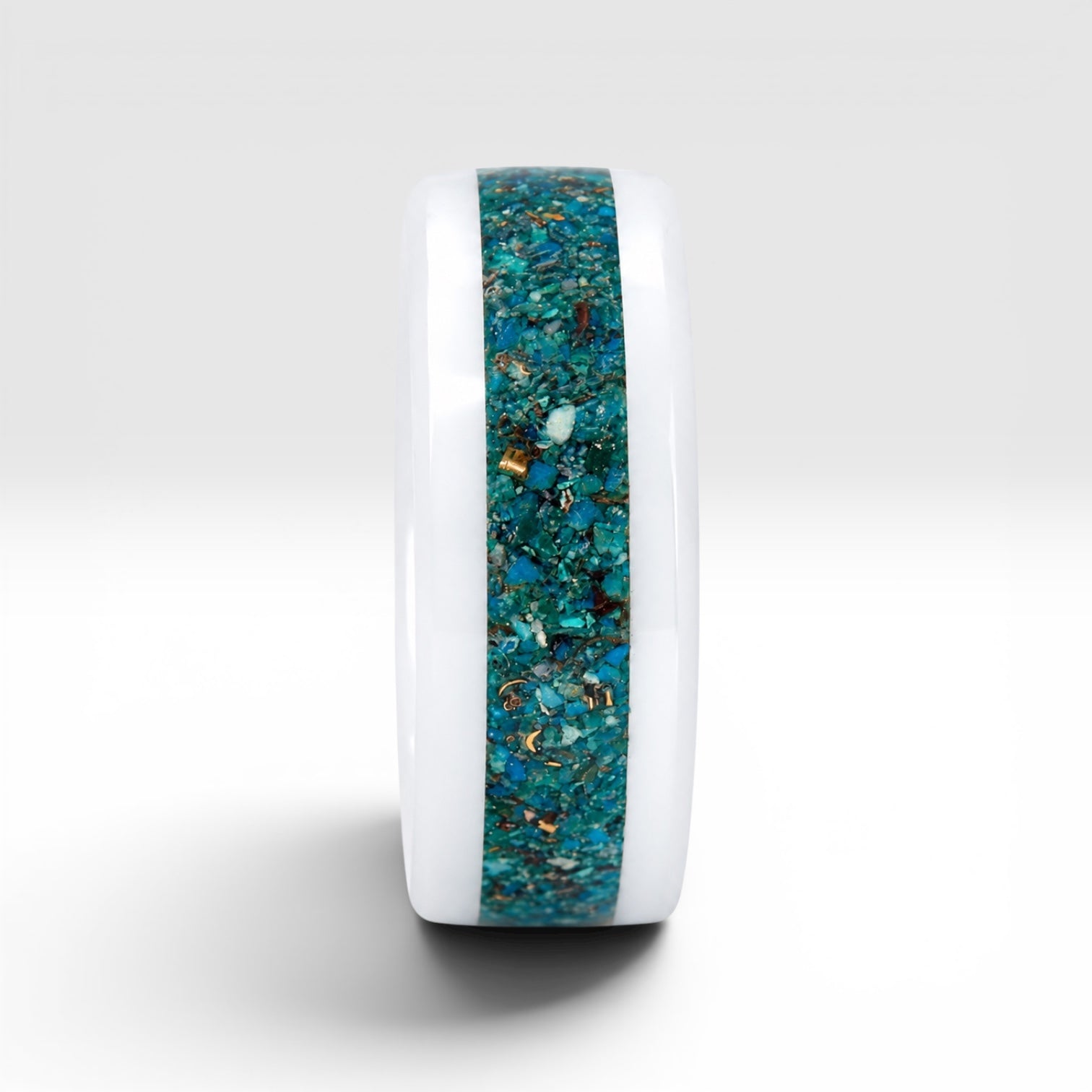 White ceramic ring with Peruvian chrysocolla and brass inlay, smooth polished band with natural minimalist design