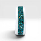 White ceramic ring with Peruvian chrysocolla and brass inlay, smooth polished band with natural minimalist design