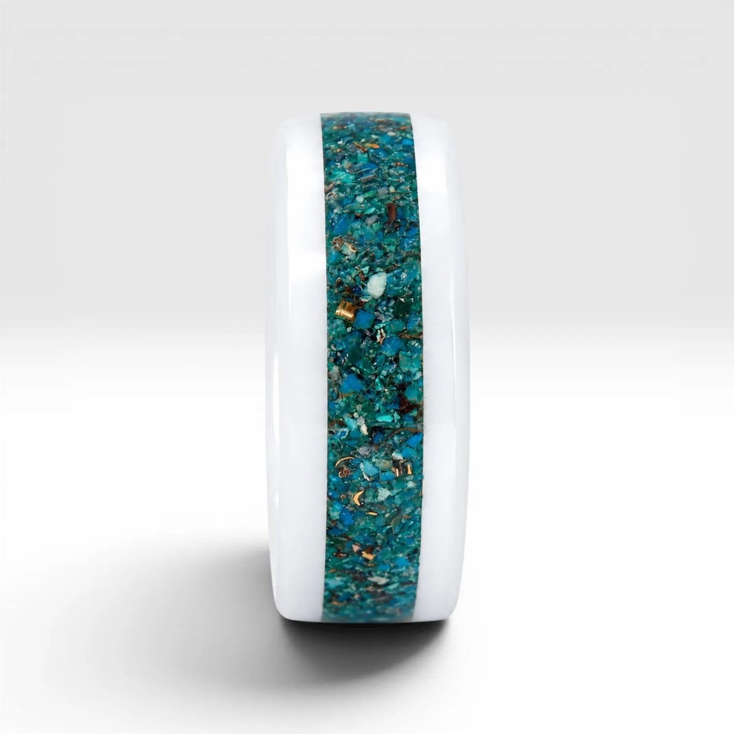 White ceramic ring with Peruvian chrysocolla and brass inlay, smooth polished band with natural minimalist design