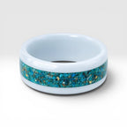 White ceramic ring with Peruvian chrysocolla and brass inlay, smooth polished band with natural minimalist design