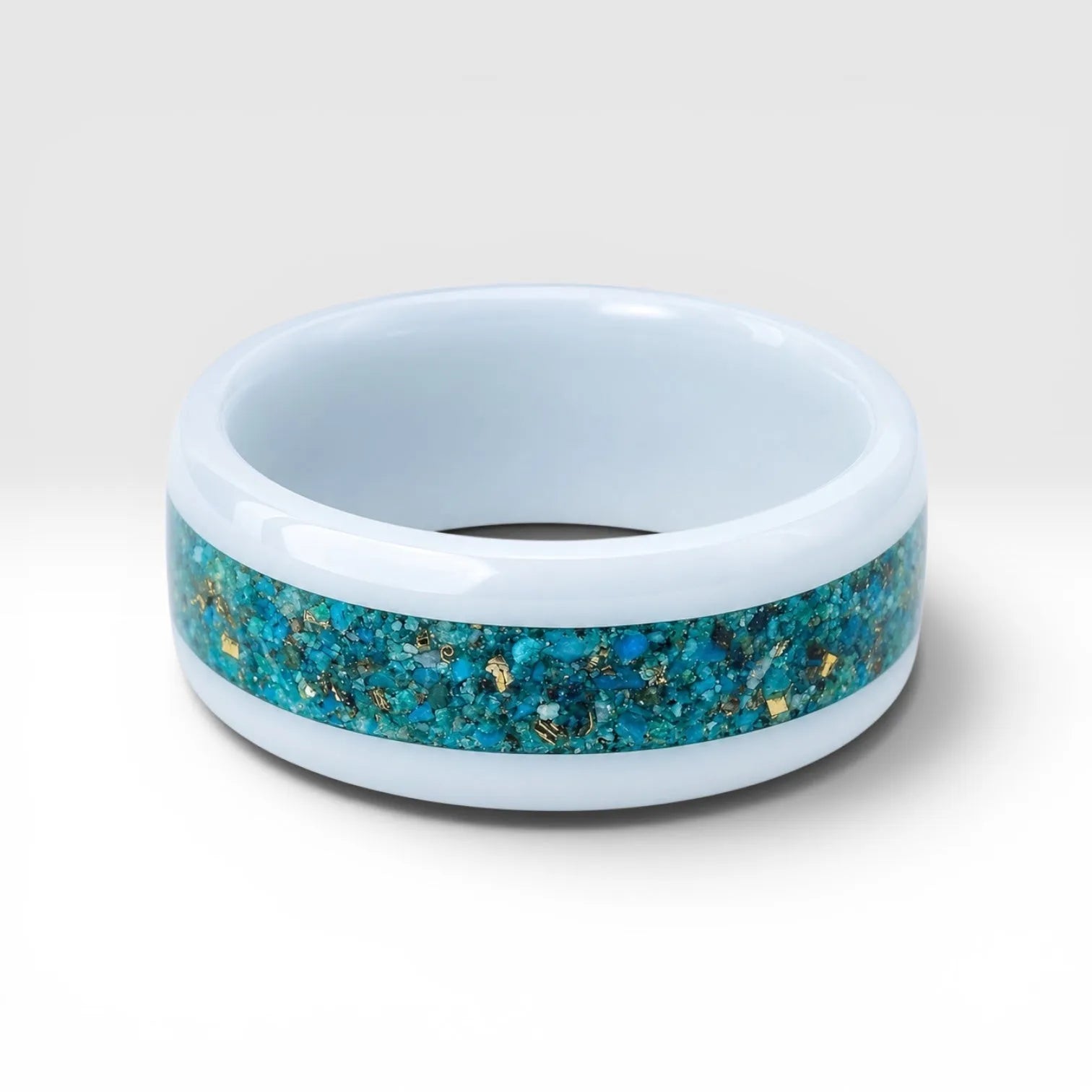 White ceramic ring with Peruvian chrysocolla and brass inlay, smooth polished band with natural minimalist design