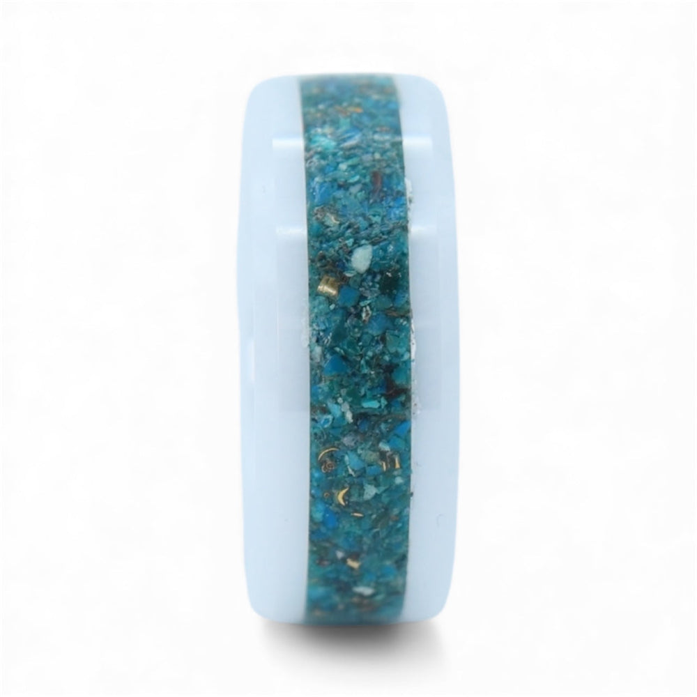 White ceramic band with Peruvian chrysocolla and brass inlay creating a balanced natural composition