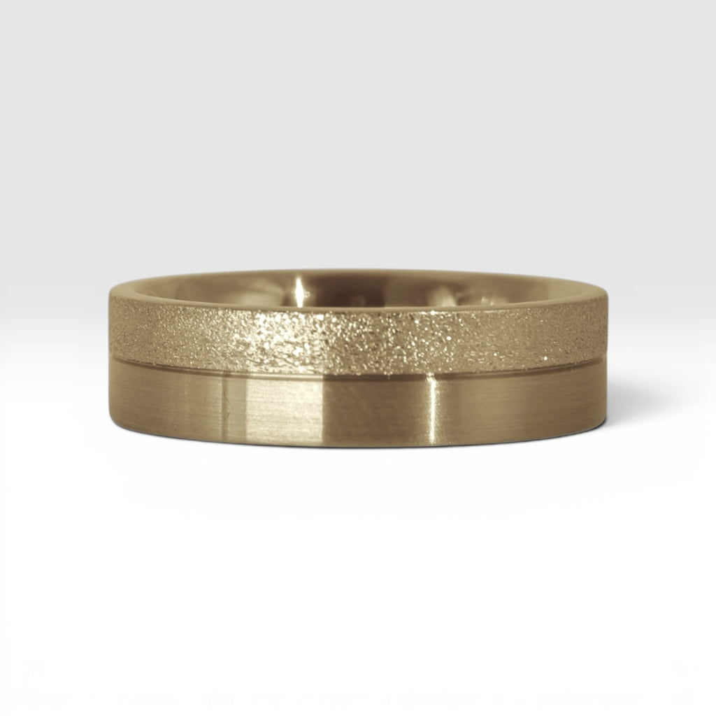 6mm gold men's wedding band with two-tone frosted and satin finish divided by a precision-cut groove, handcrafted in Utah