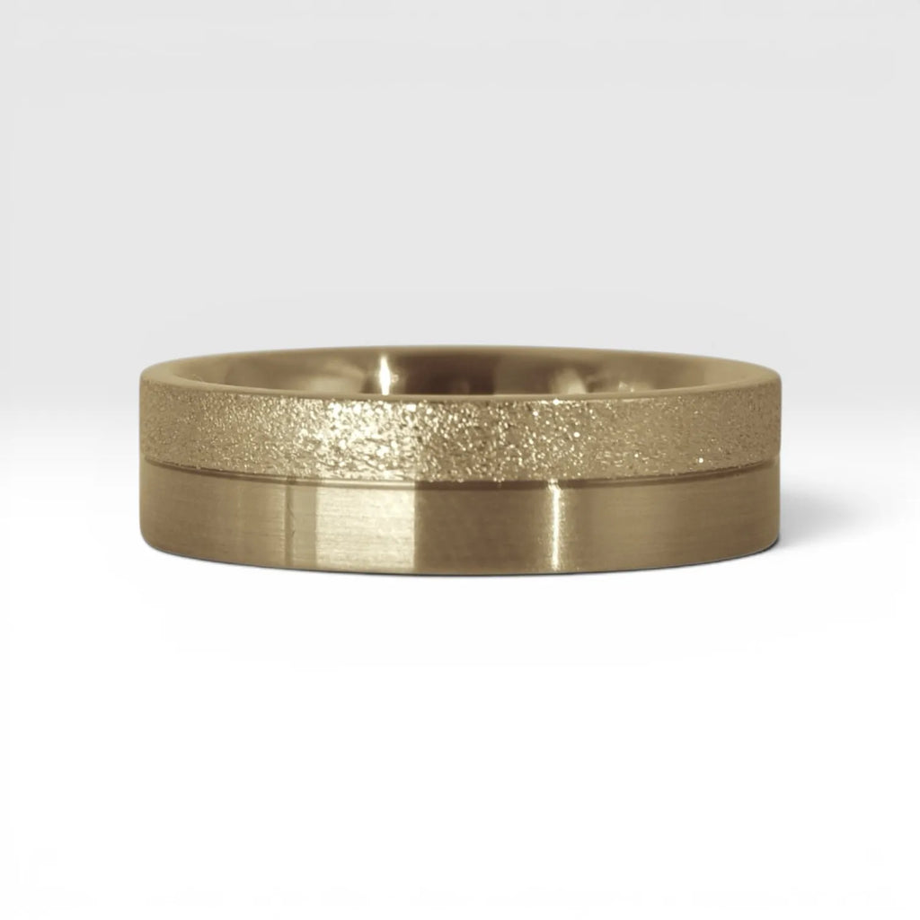 6mm gold men's wedding band with two-tone frosted and satin finish divided by a precision-cut groove, handcrafted in Utah