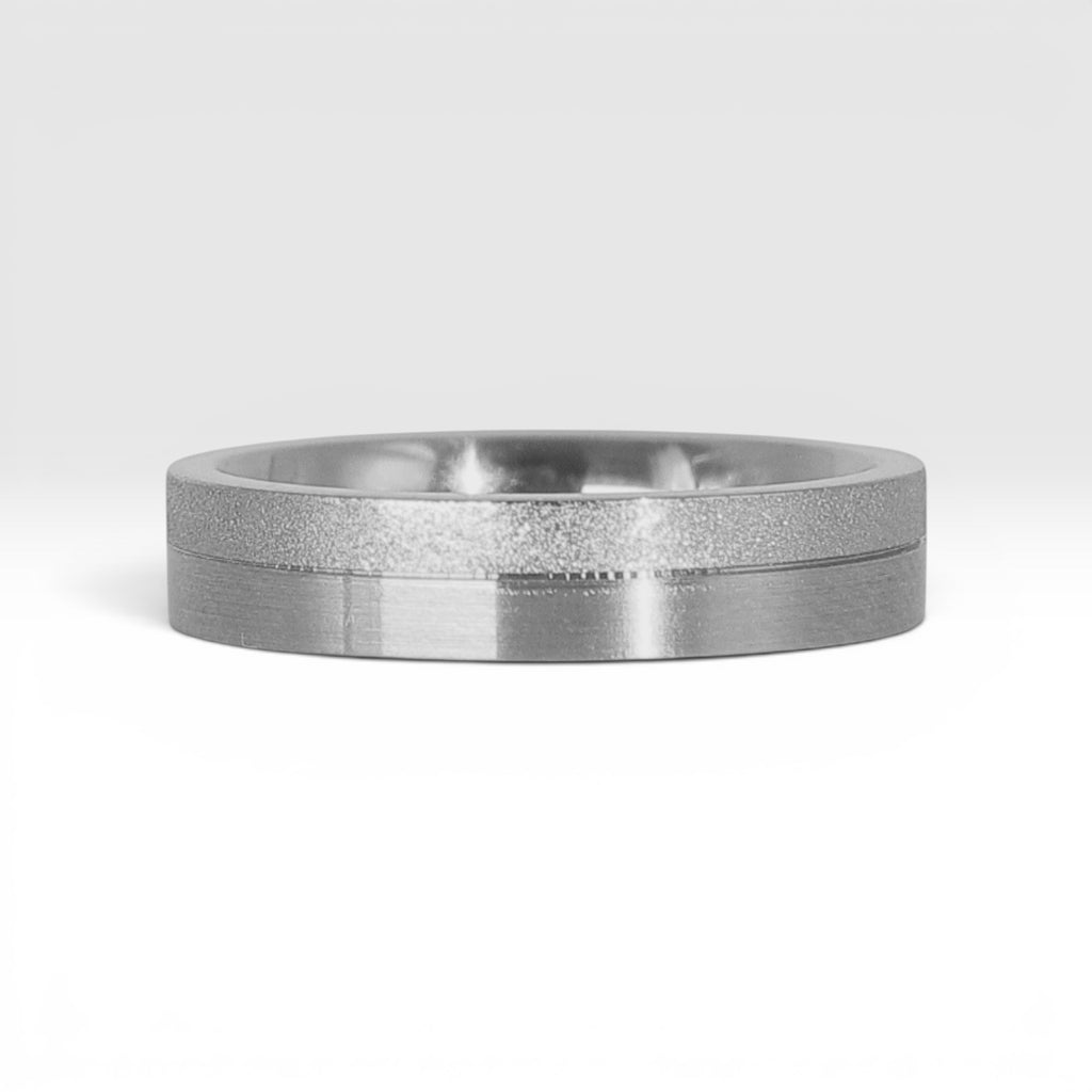 4mm sterling silver women's wedding band featuring two-tone frosted finish and satin finish with architectural groove detail