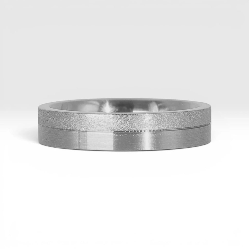 4mm sterling silver women's wedding band featuring two-tone frosted finish and satin finish with architectural groove detail