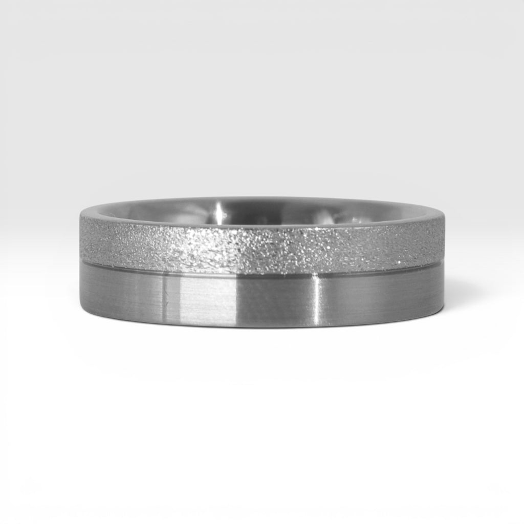 6mm sterling silver men's wedding band with two-tone frosted and satin finish divided by a precision-cut groove, handcrafted in Utah