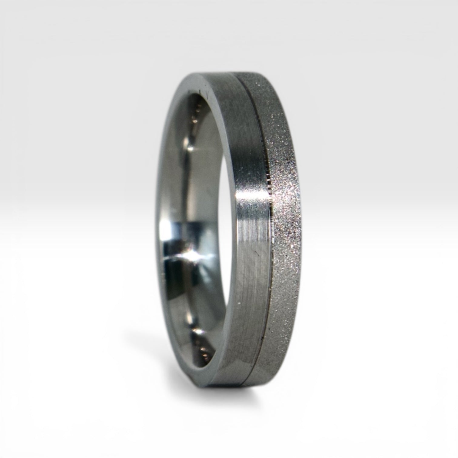 4mm titanium women's wedding band featuring two-tone frosted finish and satin finish with architectural groove detail