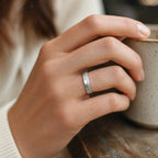 4mm women's wedding band featuring two-tone frosted finish and satin finish with architectural groove detail