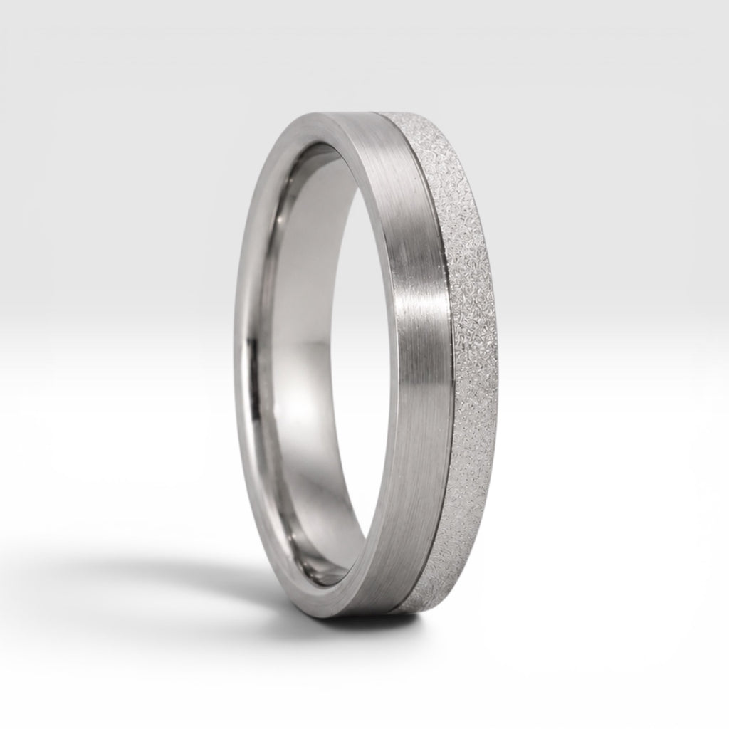 4mm women's wedding band featuring two-tone frosted finish and satin finish with architectural groove detail