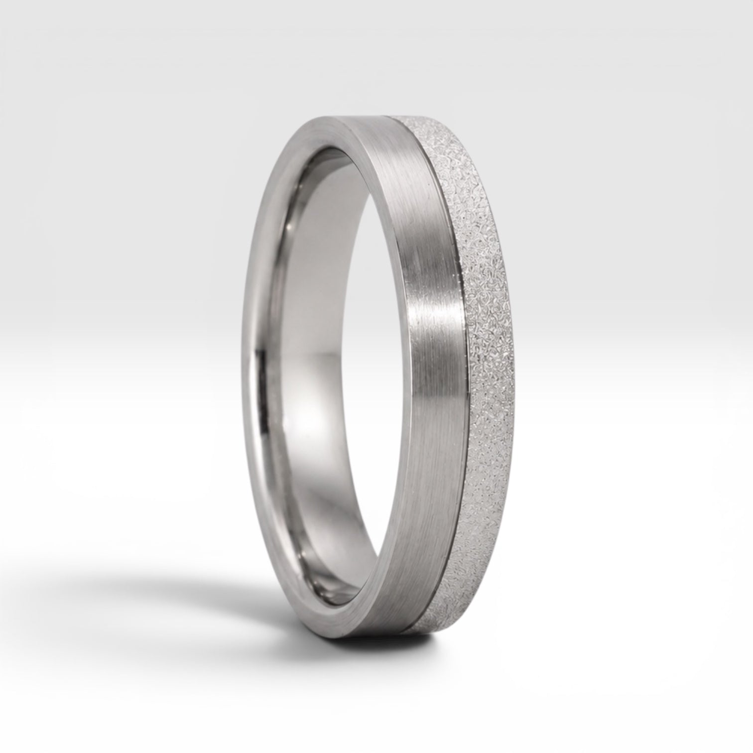 4mm women's wedding band featuring two-tone frosted finish and satin finish with architectural groove detail