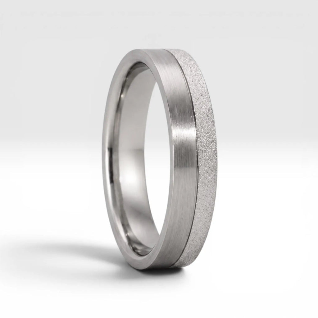4mm women's wedding band featuring two-tone frosted finish and satin finish with architectural groove detail