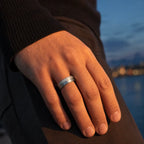 6mm men's wedding band with two-tone frosted and satin finish divided by a precision-cut groove, handcrafted in Utah