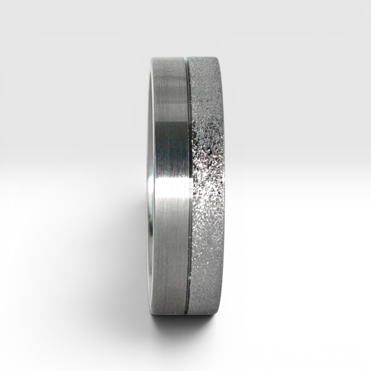 6mm men's wedding band with two-tone frosted and satin finish divided by a precision-cut groove, handcrafted in Utah
