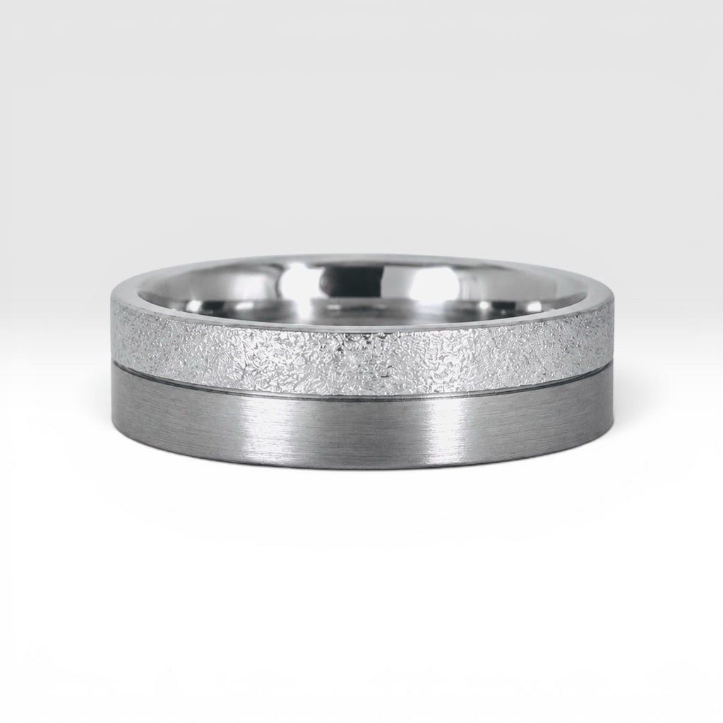 6mm men's wedding band with two-tone frosted and satin finish divided by a precision-cut groove, handcrafted in Utah