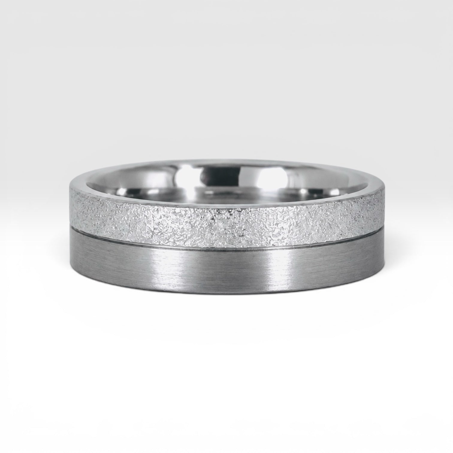 6mm men's wedding band with two-tone frosted and satin finish divided by a precision-cut groove, handcrafted in Utah