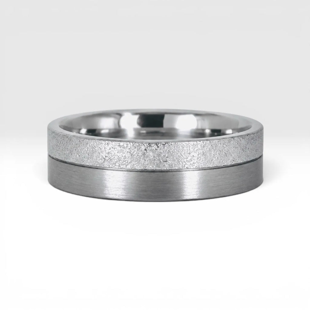6mm men's wedding band with two-tone frosted and satin finish divided by a precision-cut groove, handcrafted in Utah