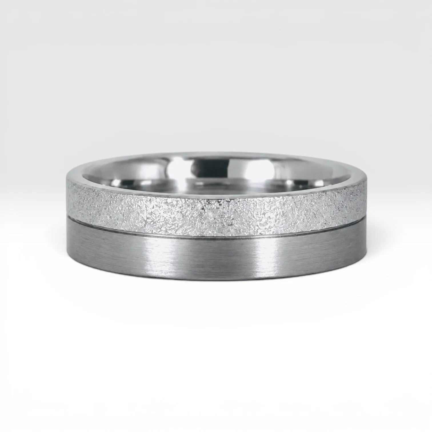 6mm men's wedding band with two-tone frosted and satin finish divided by a precision-cut groove, handcrafted in Utah