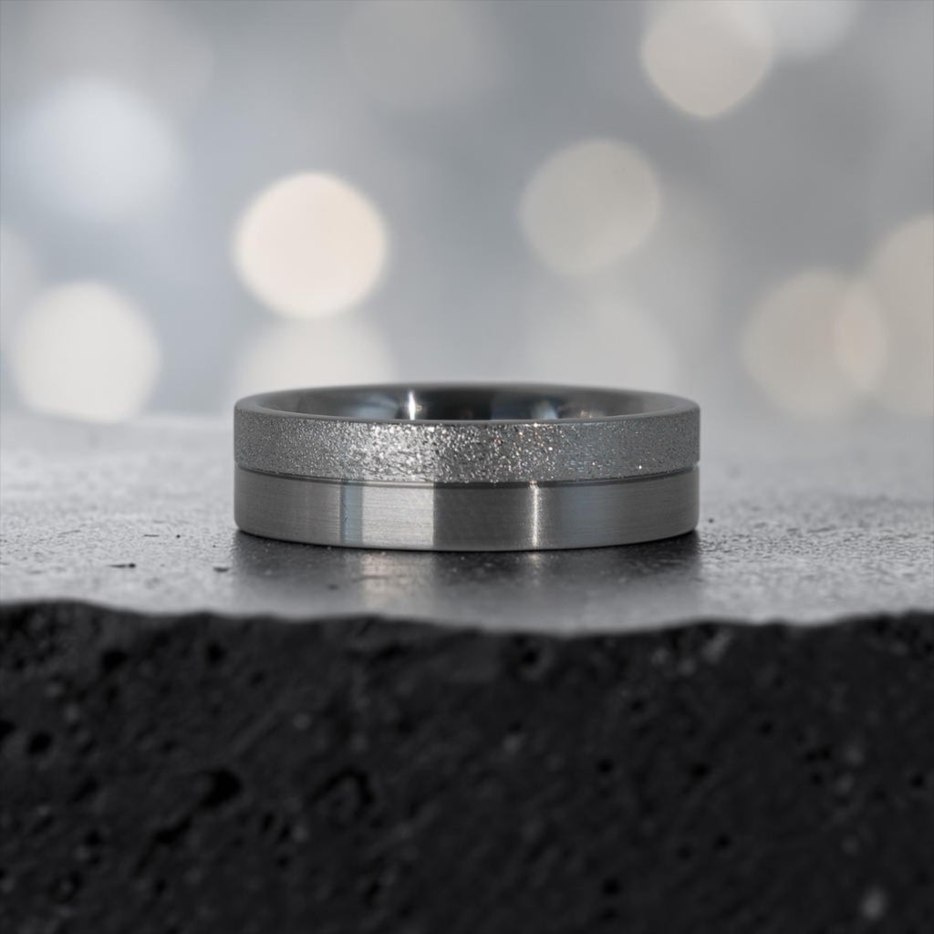 6mm men's wedding band with two-tone frosted and satin finish divided by a precision-cut groove, handcrafted in Utah