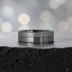 6mm men's wedding band with two-tone frosted and satin finish divided by a precision-cut groove, handcrafted in Utah
