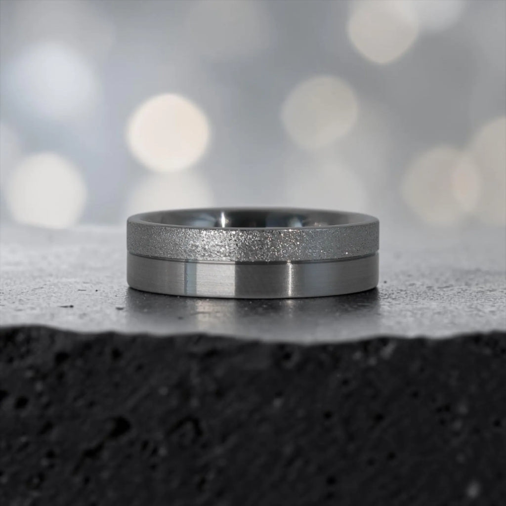 6mm men's wedding band with two-tone frosted and satin finish divided by a precision-cut groove, handcrafted in Utah