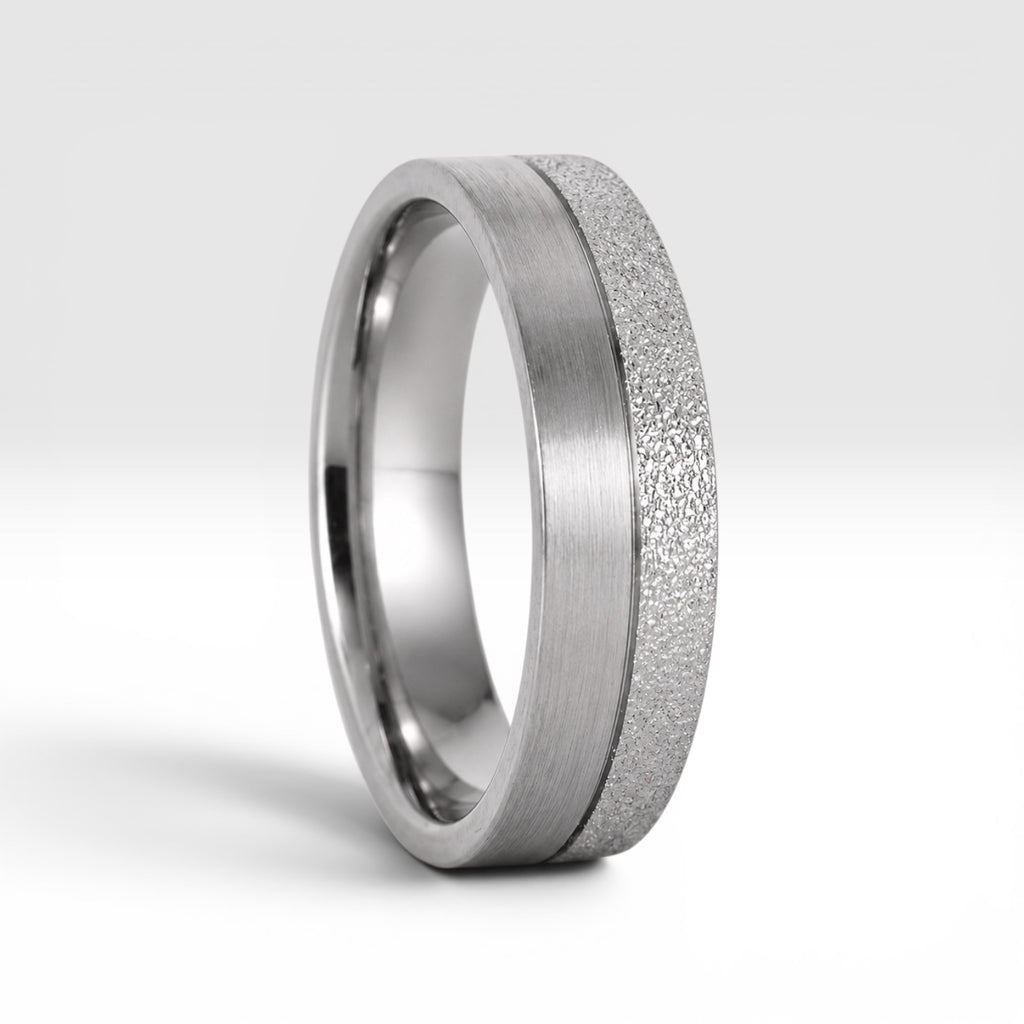 6mm men's wedding band with two-tone frosted and satin finish divided by a precision-cut groove, handcrafted in Utah