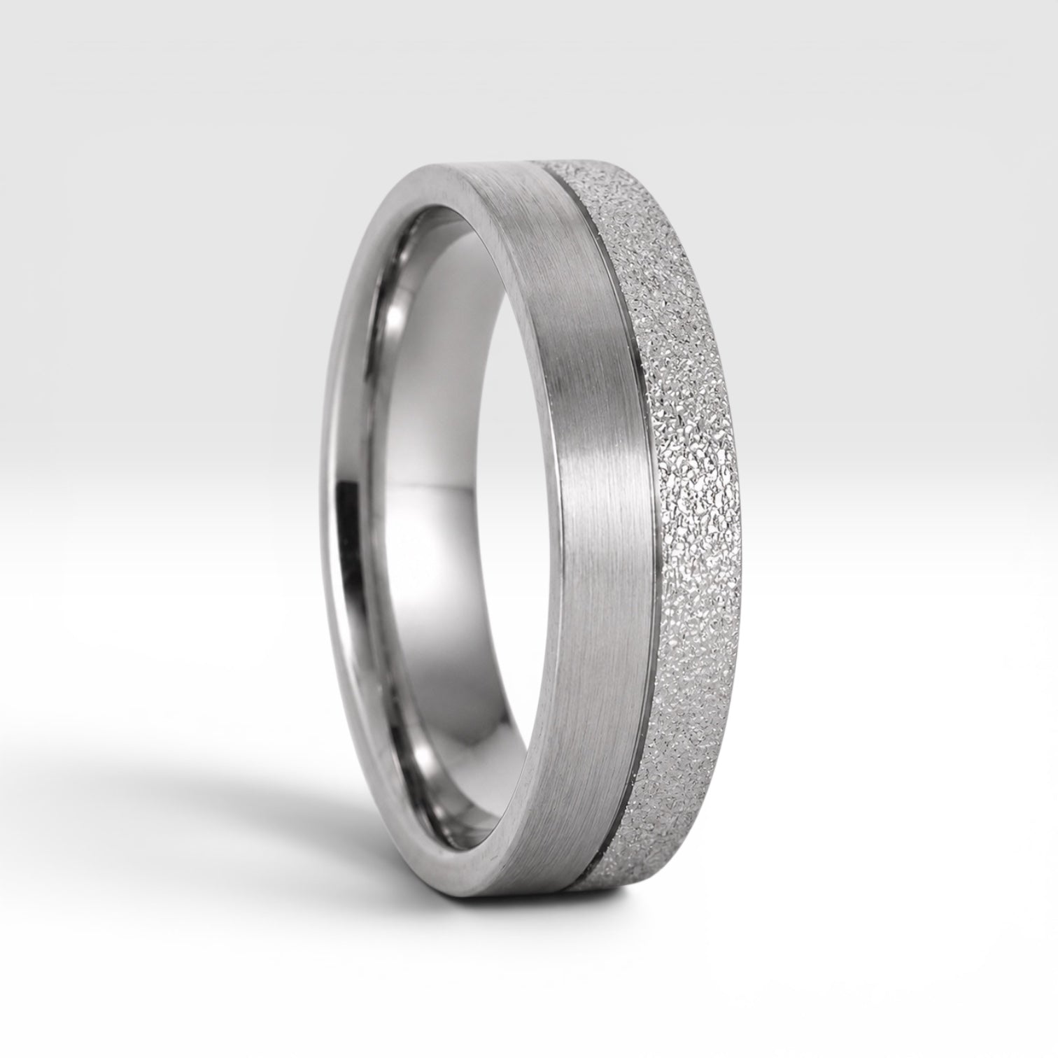 6mm men's wedding band with two-tone frosted and satin finish divided by a precision-cut groove, handcrafted in Utah