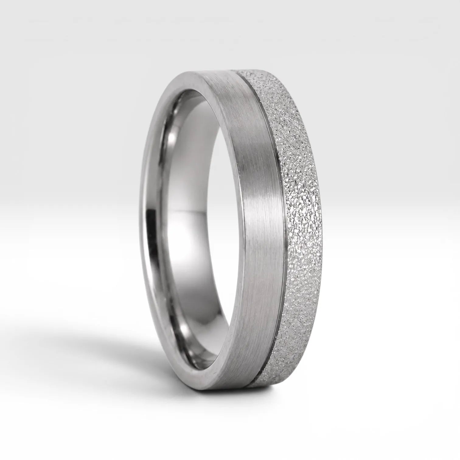6mm men's wedding band with two-tone frosted and satin finish divided by a precision-cut groove, handcrafted in Utah