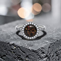 Resin gemstone ring with goldstone sparkle and lava opal shimmer set in sterling silver halo band