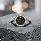 Resin gemstone ring with goldstone sparkle and lava opal shimmer set in sterling silver halo band