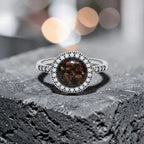 Resin gemstone ring with goldstone sparkle and lava opal shimmer set in sterling silver halo band