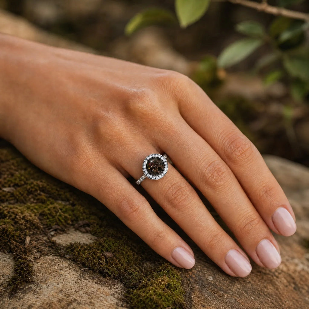 Resin gemstone ring with goldstone sparkle and lava opal shimmer set in sterling silver halo band