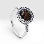 Resin gemstone ring with goldstone sparkle and lava opal shimmer set in sterling silver halo band