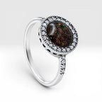 Resin gemstone ring with goldstone sparkle and lava opal shimmer set in sterling silver halo band