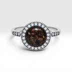 Resin gemstone ring with goldstone sparkle and lava opal shimmer set in sterling silver halo band