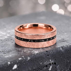 Emberfall rose gold ring featuring meteorite shavings, volcanic stone inlay, and a distressed forged finish handcrafted by Venus Rings.