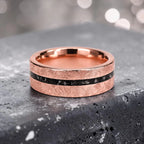 Emberfall rose gold ring featuring meteorite shavings, volcanic stone inlay, and a distressed forged finish handcrafted by Venus Rings.