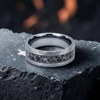 Tungsten ring with meteorite, lava opal and shungite inlay, faceted band with red glow in the dark effect