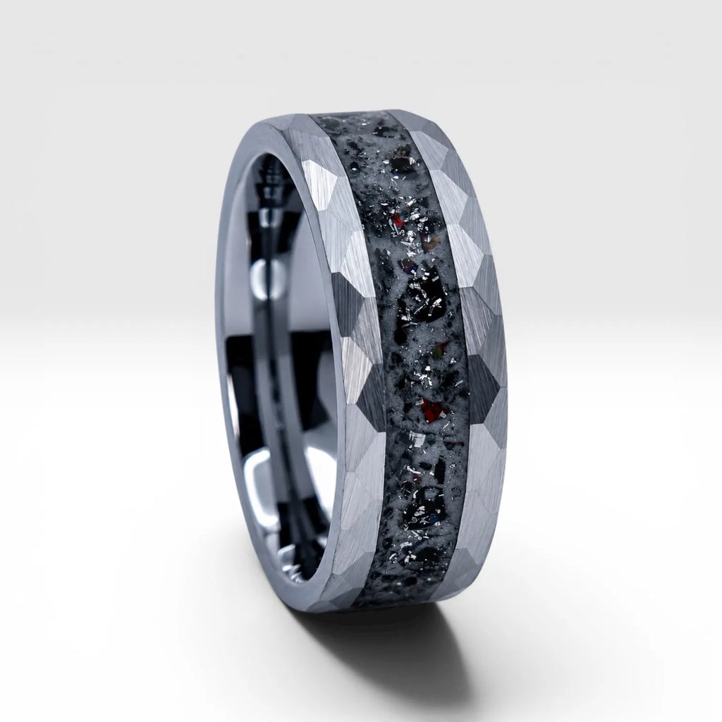 Tungsten ring with meteorite, lava opal and shungite inlay, faceted band with red glow in the dark effect