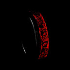 Tungsten ring with meteorite, lava opal and shungite inlay, faceted band with red glow in the dark effect