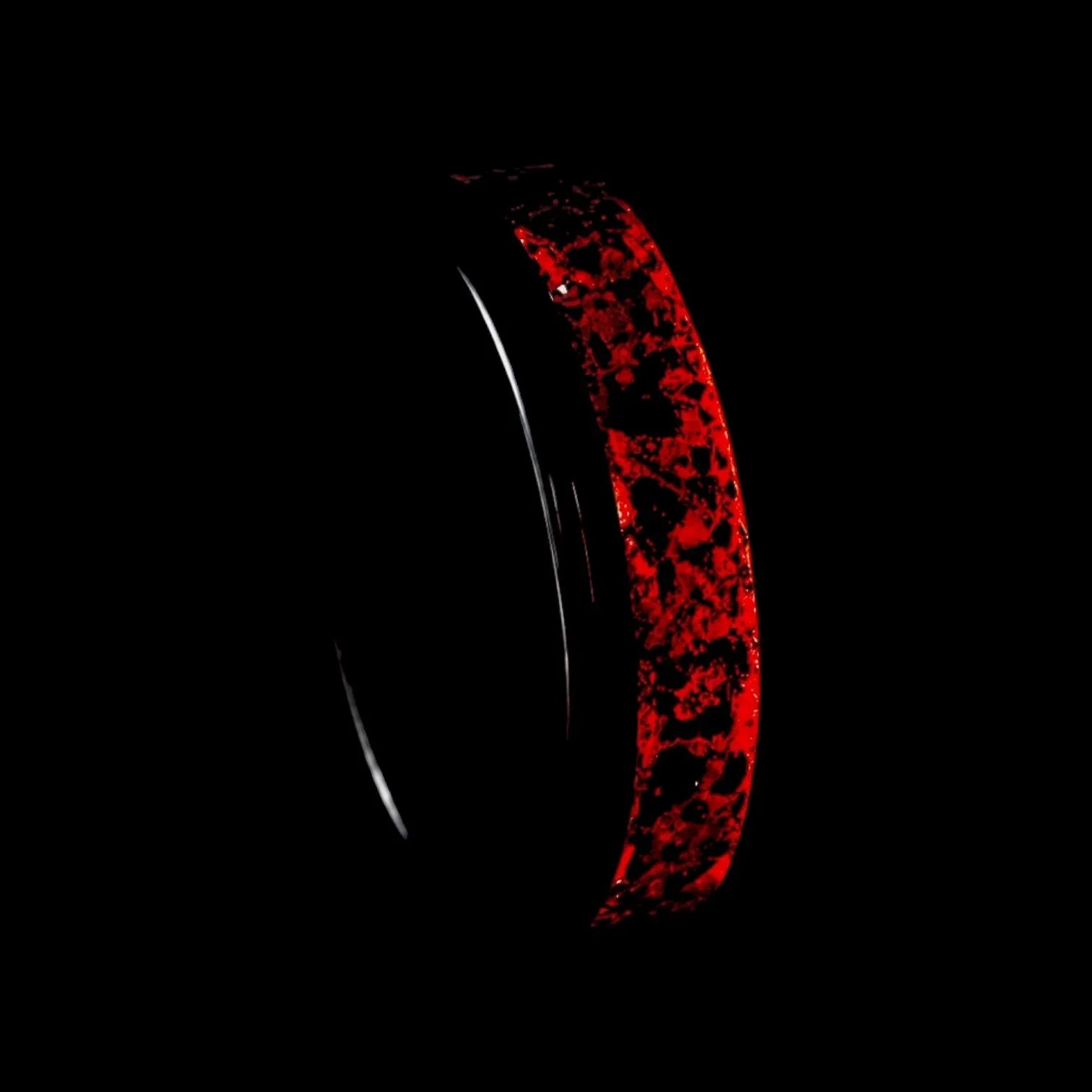 Tungsten ring with meteorite, lava opal and shungite inlay, faceted band with red glow in the dark effect